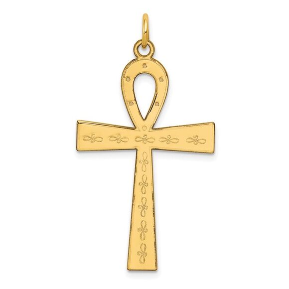 14k Yellow Gold Laser Designed Ankh Cross Pendant 22 x 39mm
